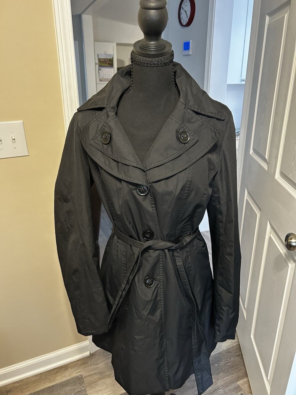 Croft & Barrow Trench Coat Black Rain Jacket Small Removable Hood Classic Belt